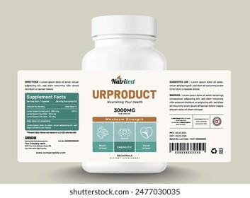 Food supplement vitamin medicine  label sticker design dietary drug capsule and tablet modern bottle jar box packaging.