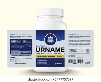 Food supplement vitamin medicine label sticker design dietary drug capsule and tablet modern bottle jar box packaging.