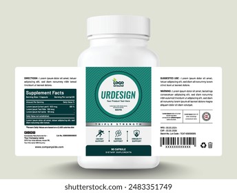 Food supplement vitamin medicine label sticker design dietary drug capsule and tablet modern bottle jar box packaging.