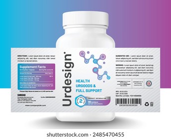 Food supplement vitamin medicine label sticker design dietary drug capsule and tablet modern bottle jar box packaging.