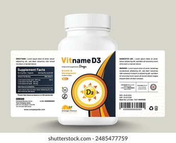 Food supplement vitamin medicine label sticker design dietary drug capsule and tablet modern bottle jar box packaging.