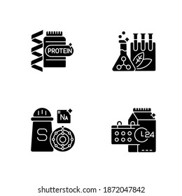 Food supplements black glyph icons set on white space. Protein supplement for body building. Chemical preservatives. Sodium in condiment. Silhouette symbols. Vector isolated illustration