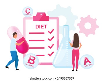 Food supplements in diet plan flat vector illustration. Man and woman taking synthetic vitamins. Pharmacologists creating dietary pills formula isolated cartoon character on white background