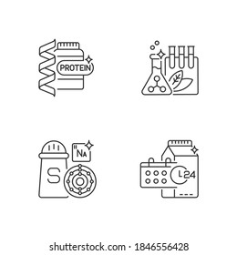 Food supplements linear icons set. Protein supplement for body building. Chemical preservatives. Customizable thin line contour symbols. Isolated vector outline illustrations. Editable stroke