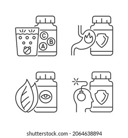Food supplements linear icons set. Heartburn relief. Stress medication. Water dissolving vitamin tablets. Customizable thin line contour symbols. Isolated vector outline illustrations. Editable stroke