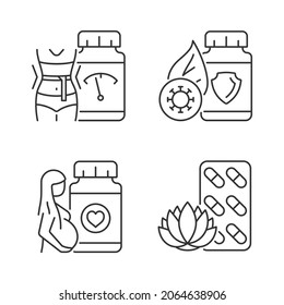 Nahrungsergänzungen lineare Symbole Set. Pillen für schwangere Frauen. Gewichtsverlust Diät. Medizin, um ruhig zu bleiben. Anpassbare Dünnlinienkontursymbole. Einzige Vektorgrafik-Rahmenillustrationen. Bearbeitbarer Hub