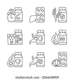 Food supplements linear icons set. Dietary products for health. Vitamins to supplement diet. Customizable thin line contour symbols. Isolated vector outline illustrations. Editable stroke