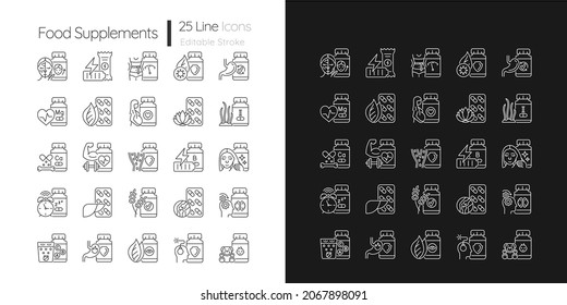 Food supplements linear icons set for dark and light mode. Dietary supplements for healthy lifestyle. Customizable thin line symbols. Isolated vector outline illustrations. Editable stroke