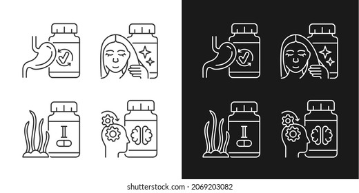 Food supplements linear icons set for dark and light mode. Medicine for better mental work. Iodine supplements. Customizable thin line symbols. Isolated vector outline illustrations. Editable stroke