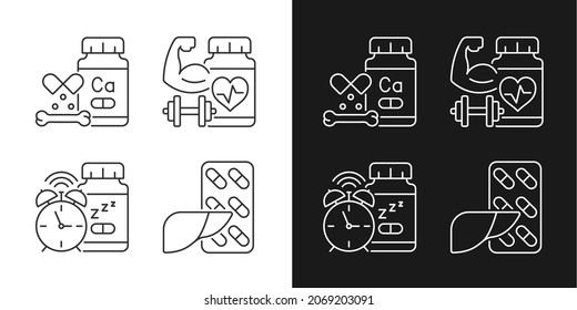 Food supplements linear icons set for dark and light mode. Strengthening bones. Cardiovascular tablets. Customizable thin line symbols. Isolated vector outline illustrations. Editable stroke