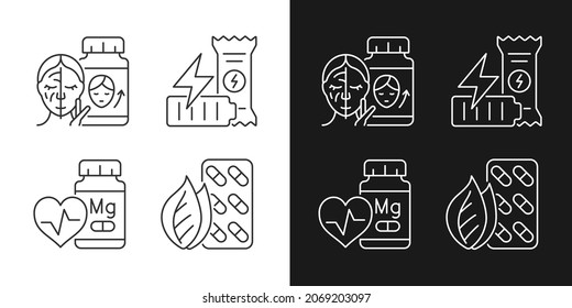 Food supplements linear icons set for dark and light mode. Skin beauty. Workout energy bar. Healthy snacks. Customizable thin line symbols. Isolated vector outline illustrations. Editable stroke