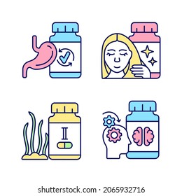 Food supplements RGB color icons set. Hair and nails treatment products. Medicine for better mental work. Iodine supplements. Isolated vector illustrations. Simple filled line drawings collection