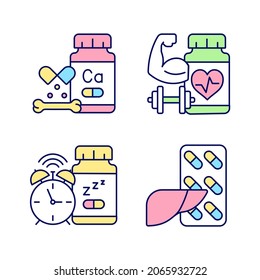 Food supplements RGB color icons set. Pills for healthy liver. Strengthening bones. Insomnia treatment. Cardiovascular tablets. Isolated vector illustrations. Simple filled line drawings collection