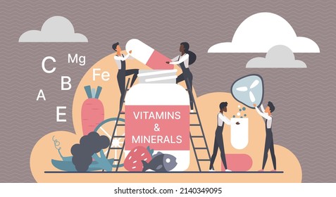 Complementos alimenticios y nutrientes vitamínicos. Pequeñas personas con una botella llena de cápsulas multivitamínicas, pescado, verduras y frutas para la salud corporal y el bienestar terapia alternativa de vectores plana