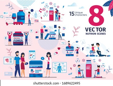 Food Supplements and Vitamins for Senior People, Athletes and Children Flat Vector Scenes Set. Doctor Recommending Vitamins and Minerals to Senior Man, and Kids, Proteins for Sport Illustrations