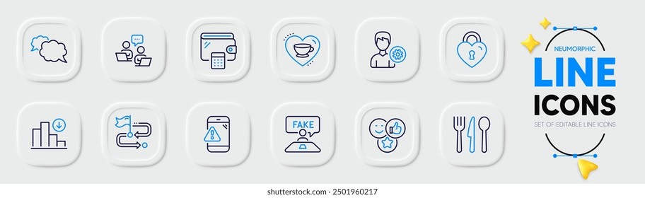 Food, Support and Wallet line icons for web app. Pack of Fake review, Teamwork, Warning message pictogram icons. Love lock, Decreasing graph, Like signs. Travel path, Love coffee, Messenger. Vector