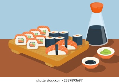 Food sushi pack concept. Seafood and rice. Fast food menu cafe or restaurant. Slices of eating at cutting board. Asian cuisine. Template, layout and mock up. Cartoon flat vector illustration