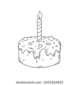 Food is sweet, baked goods, dessert. Birthday. Cake with candle, cute icon, cartoon holiday attribute. Drawing, doodles. Vector illustration, sketch.