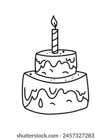 Food is sweet, baked goods, dessert. Birthday. Cake with candle, cute icon, cartoon holiday attribute. Drawing, doodles. Vector illustration, sketch.