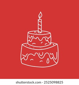 Food is sweet, baked goods, dessert. Birthday. Cake with candle, cute icon, cartoon holiday attribute. Drawing, doodles illustration, sketch.