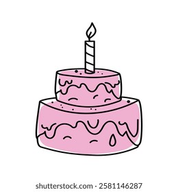 Food sweet, baked goods, dessert. Birthday. Cake with candle, cute icon, cartoon holiday attribute. Drawing, doodles. Vector illustration, sketch.