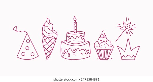 The food is sweet, dessert. Birthday. Cake with candle, ice cream. Set of cute icons, cartoon holiday attributes. Drawing, doodles. Vector illustration, sketch.