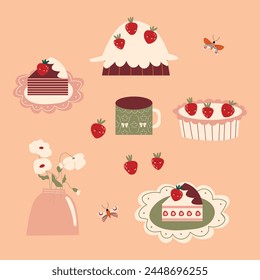 Food sweet set. Isolated illustrations of pie, cake, vase with flowers, mug of tea and strawberries. Sweet pastries, cake, sweets, desserts. A collection of delicious, high-calorie food. Illustration 