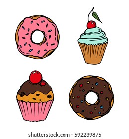 Food sweets bakery and pastry, donut and cupcake icons set, sweets, isolated vector illustration