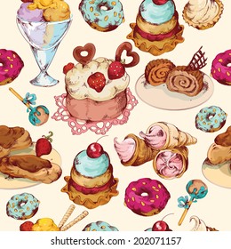 Food sweets bakery pastry ice cream and candies sketch colored seamless pattern vector illustration