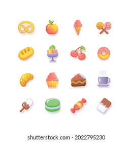 Food Sweets Coffee Shop Bakery Icon Set Fluent Design Include of Cake, Cupcake and Chocolate. Vector illustration