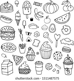 Food Sweets Cute Cartoon Doodles Set 