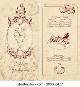 Food sweets ice cream cakes sketch colored desserts menu template vector illustration.