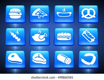 Food Sweets and Snacks on Blue Square Buttons