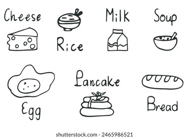 Food symbol icon set. Doodle unique hand drawn black stroke, ink line, lettering word, naive childish flat cartoon icon style design. Cute outline vector illustration 