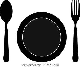 símbolo de comida, cucharas y plato, tenedor y plato, comida de la cena, icono de restaurante, conjunto de plato de la cena, icono de vajilla 
