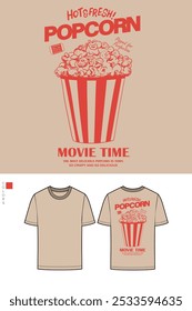 Design de camiseta de comida. Popcorn mão desenhado vetor arte, Popcorn mão esboço gráfico design de impressão para t-shirt, vestuário, cartazes, fundo e outros. Pôster do tempo do filme.