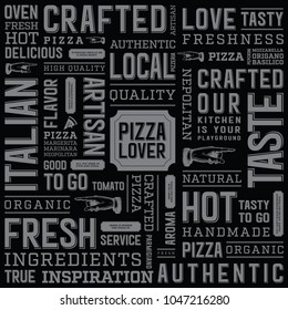 Food Tags Typography Texture Background. Pizza Box Template Design.