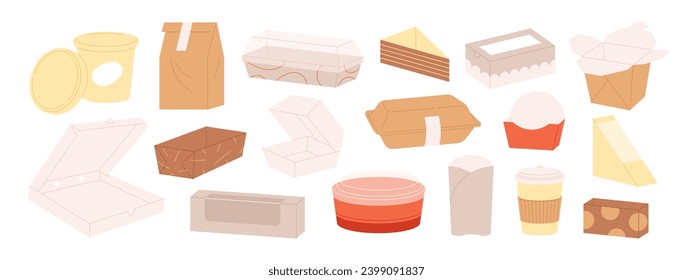 Food take away boxes set. Takeaway plastic and paper containers, delivery packaging. Cardboard recycle pack and cup, racy vector collection