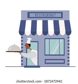 Food take away concept. An illustration of a black skinned chef serving dish in a restaurant. Isolated on white.