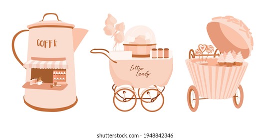 Food take away small business illustration set. Rose gold coffee pot store, cotton candy stroller, muffin cart, bakery trolley, patisserie. Vending catering cupcake carts. Cute small marketplace