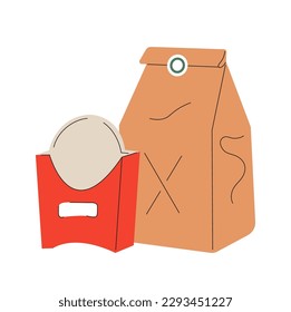 Food takeaway carton package vector. Lunch boxes. Cardboard cups, recyclable paper boxes. Delivery empty packages for pizza, icecream, fries. Take away carton packs. 