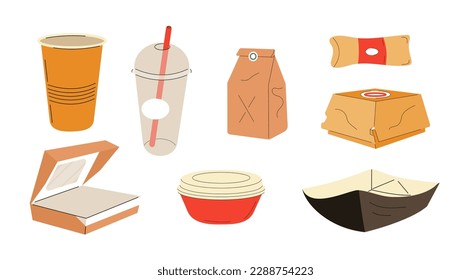 Food takeaway carton packages set vector. Lunch boxes. Cardboard cups, recyclable paper boxes. Delivery empty packages for pizza, icecream, fries. Take away carton packs. 