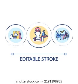 Food takeout and delivery loop concept icon. Eating in family style restaurant abstract idea thin line illustration. Ordering meals. Isolated outline drawing. Editable stroke. Arial font used