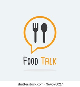 Concepto del logotipo de Food Talk con icono de cuchara y tenedor. Logo para cocinar, comunicación en cafés y menú.