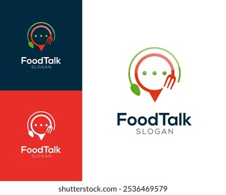 Logotipo da conversa sobre comida. Talheres com design de logotipo de vetor de fala de bolha.