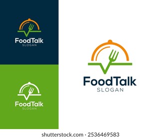 Logotipo da conversa sobre comida. Talheres com design de logotipo de vetor de fala de bolha.