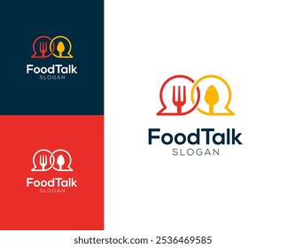 Logotipo da conversa sobre comida. Talheres com design de logotipo de vetor de fala de bolha.