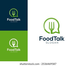 Logotipo da conversa sobre comida. Talheres com design de logotipo de vetor de fala de bolha.