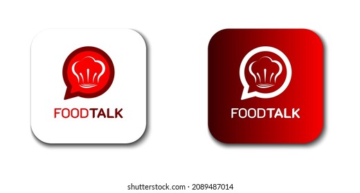 Food Talk Logo. For restaurant, cafe or bar. With chef hat and chat bubble icon. On gradient red and white color. Premium and luxury logo design vector