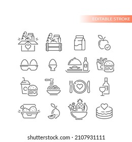 Food, Tasty Food Crate, Ball Of Fruits. Cake, Eggs, Take Away Delivery Outlined Vector Icon Set.